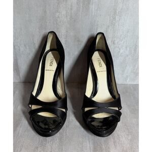 Fendi Shoes Womens Size 6.5 Black Satin Patent Peep Toe Platform Pumps Italy